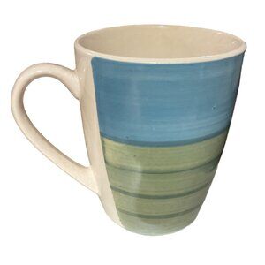 Pier 1 Coffee Mug Hand-Painted Stoneware Blue Green White